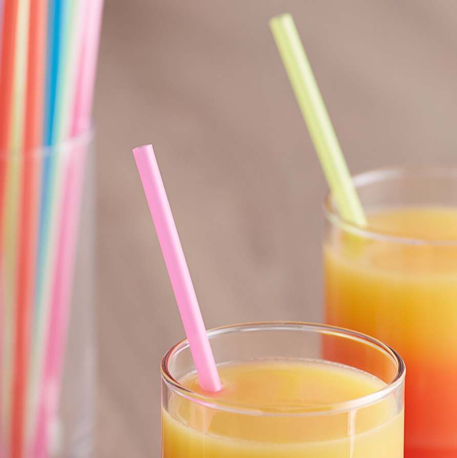 250 Plastic Drinking Straws - Standard Size, Individually Wrapped, Assorted Neon